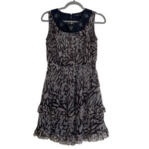 Theme Mini Dress Small Grey Navy Blue Embroidered Smocked Tiered Excellent